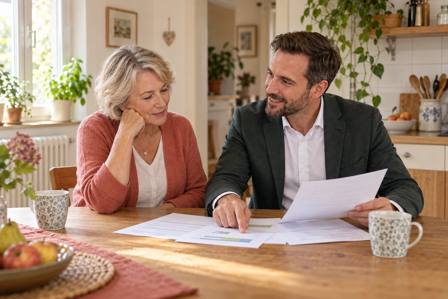 Der Energieberater bespricht mit einer Kundin zu Hause ihre Energiekosten